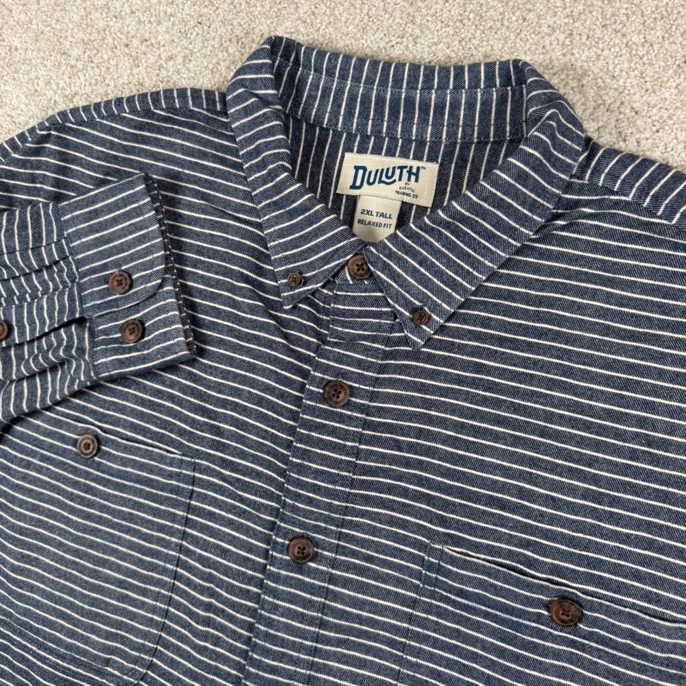 Duluth Trading Co Button Down Mens 2XL Tall Blue White Striped Relaxed Fit Shirt